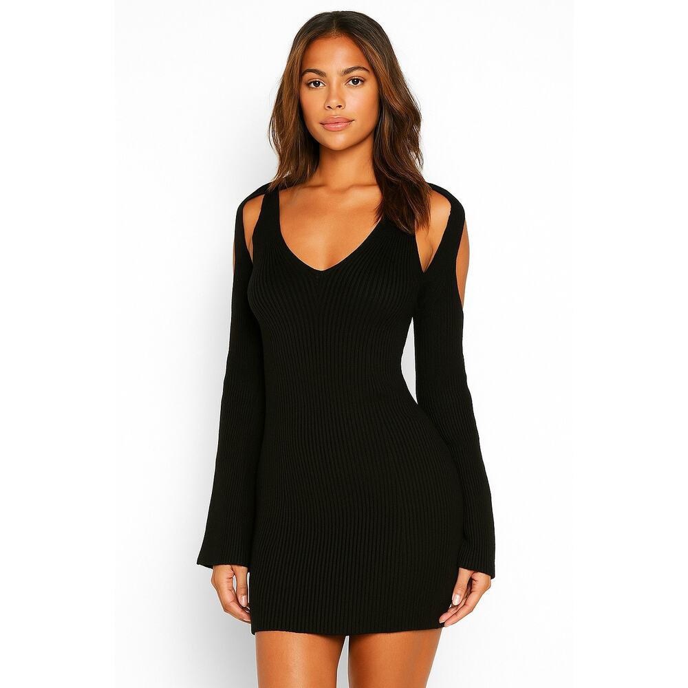 Stitches & Stripes Black Ribbed Knit V-Neck Mini Dress Long Sleeve Cold Shoulder - Picture 3 of 13